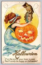 Postcard Halloween Pretty Woman Mirror JOL Owl Stetcher Series 216-B picture