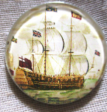 LRG GLASS DOME PIC BUTTON  - BEAUTIFUL OLD ANTIQUE ENGLISH SAILING SHIP    30mm picture