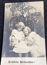 RPPC Girls Sleeping Christmas Tree Sheep Pull Toy Antique Doll Postcard Vintage  picture