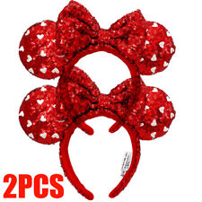 2PCS Red Heart Sequin Bow Mickey Mouse Minnie Ears Disney-Parks Girl Headband picture
