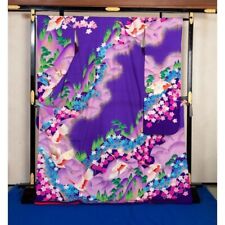 Woman Japanese Kimono Furisode Silk Flower purple mountain crane from japan picture