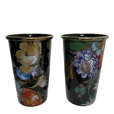 RARE Mackenzie Childs Vintage BLACK  Flower Market Floral Set Of 2 Tumblers Cups picture
