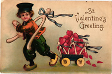 St Valentine's Greetings DUTCH BOY Clogs Wishbone Hearts Wagon Embossed Postcard picture