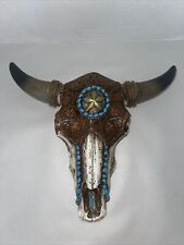 Steer Bison Skull Cow Aztec Sun Turquoise Mosaic Southwest Wall Decor 12x13x4” picture