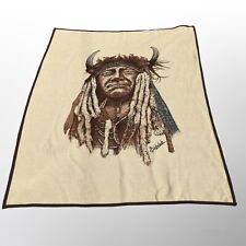 Vintage Biederlack Blanket 56x68 USA Made Indian Native American Portrait Brown picture
