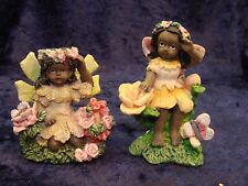 Set of TWO Black African American Girls With Flowers And Butterflies ~2.25”&3”~ picture