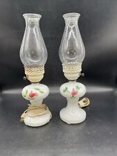 VTG Pair Of Milk Glass Oil Lamp Electric Boudoir Lamps Hand Painted Rose Buds  picture