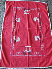 Cute Red Vintage Handmade Tablecloth w Cross Stitch Buggy or Surry w Fringe picture