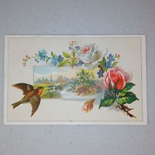 Victorian Trade Card Pink White Roses Blue Flowers Robin Boys Boating Summer picture