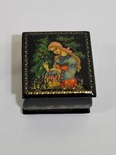 VTG Russian Lacquer Trinket Jewelry Square Box Woman & Basket Singed Handpainted picture