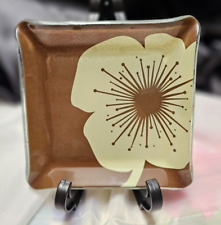 Vintage Square Brown w/ White Flower Fused Glass Ashtray picture