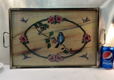 Vtg 1960-70’s Metal Frame Glass Serving Tray Bluebirds Pink Cherry Blossom Print picture