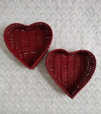 Red Wicker Heart Shaped Trinket Dish Set of 2 Basket Weave Valentines Day Decor picture