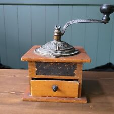 Antique Wooden Coffee Grinder Metal Crank Sliding Opening Drawer Farmhouse Decor picture