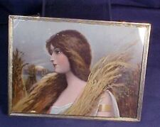 Antique Square Flue Cover Woman With Wheat and Field Metal Frame Original Chain picture