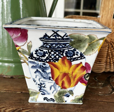 Beautiful Vintage Oriental Accent Chinoiserie Square Cachepot Tulips Blue/White picture
