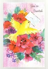 2 Vintage Yellow Bird Invitations, Pink Flowers, Retro, Floral, Rust Craft Party picture