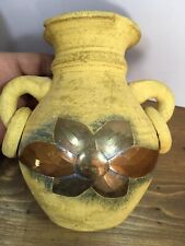 Mexican Folk Art Pottery Vase Hand Painted Copper Brass Embellished Tealight picture