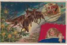 Silk Santa Claus with Sleeping Girl ~Toys~Sled~Reindeer~ Christmas Postcard~h921 picture
