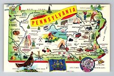 PS-Pennsylvania, General Greeting, State Map, Landmarks Vintage Postcard picture