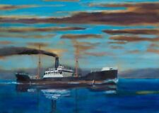 Original Oil Painting Steam Ship  Tramp Steamer  Freighter   American Artist picture