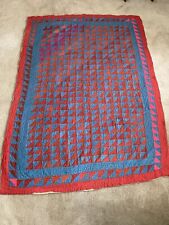 Vintage Quilt , Hand Stitched Red/Pink Blue Tan Triangles. 74” X 48” picture