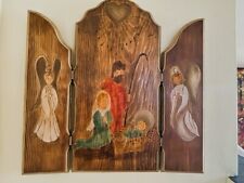 Large Wooden Tri-Fold Folk Art Hand Carved Nativity Scene Arched Folding Panels picture