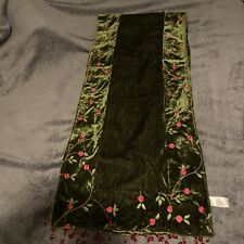 Vintage Dk Green Velvet Table Runner Beaded Ends W Embroidered Red Floral Edges picture
