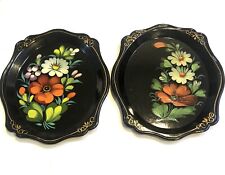 Vintage Russian Tole Black Hand Painted Tray Flowers Gold Trim Plastic Lot ... picture