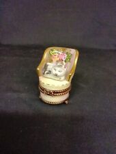 Limoges France Trinket Box Sleepy Cat On Rosey Chair Peint Main Signed -Rochard picture