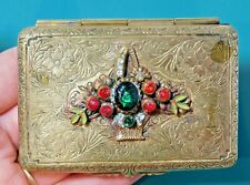 Vintage Compact Trinket Box Embossed Flower Red Green Emerald Rhinestone Cd 104 picture
