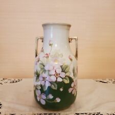 Antq Nippon M Hand Painted Vase  White & Green W/Pink Flowers Gold Trim Japan picture