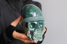 1.37KG Hand Carved Natural Moss Agate Santa Hat Skull,Crystal skull,Reiki Decor picture