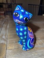 Cat Mexican Pottery Figurine Folk Art Hand Painted Signed 7 Inch Talavera? Blue picture