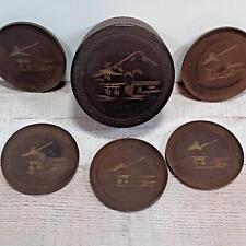 Vintage Etched Chinese Wood Coaster Set with Case Antique Collectible picture