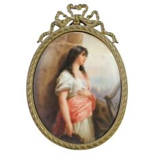 Antique Hand Painted Porcelain Plaque of a Young Woman In Oval Brass Frame 19thC picture