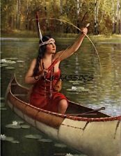 Antique 1926 Art Deco PinUp Print Indian Maiden Minneota Bow & Arrow Canoe picture