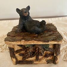 Rustic Black Bear Trinket Box Pine Cone & Log Resin Faux Wood W/Lid Cabin Lodge picture