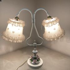 antique vtg boudoir lamp porcelain roses net lace shades Japan victorian 21x20” picture