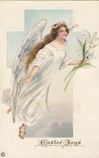 Easter Postcard Angel White Dress + White Flowers Easter Joys  picture
