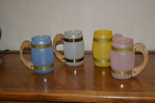 Vintage Mid-Century SIESTA WARE Frosted Glass Brass Banded Mugs w/ Wood Handles. picture