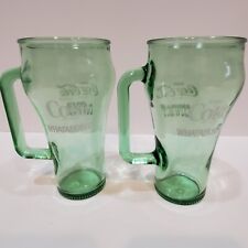 Vintage Set of 2 Coca-Cola Whataburger Cowboy Handle Mugs 12 oz Green Glass 80's picture