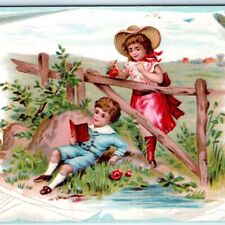 c1880s Cute Boy Reading Girl Flower Fence Nature Trade Card Fancy Border C35 picture
