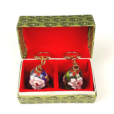 Vintage Japanese Cloisonné Floral Ceramic Bell Keychain Key Fob Set of 2 - NOS picture