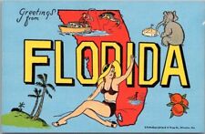 Vintage 1940s FLORIDA State Map Outline Comic Postcard - KROPP Linen CM8 Unused picture