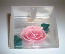 Vtg 60s/70s Bircraft Lucite Pen Holder Pink Rose/Green Leaves Very Pretty (#1) picture