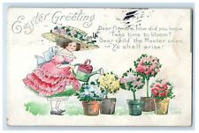 1911 Easter Greetings Girl Big Hat Watering Bloom Flowers Plants Postcard picture