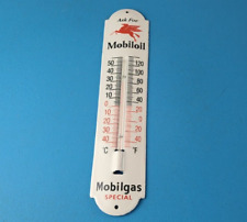 Vintage Mobil Gas Sign - Service Station Pump Ad Sign on Porcelain Thermometer picture