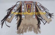 Old American Style Handmade Dakota Beaded Buckskin Hide Powwow War Shirt PWP830 picture