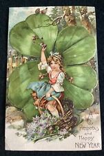 Vintage PFB Postcard Little Girl Four Leaf Clover New Year Embossed Birds picture